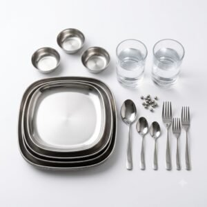 Steel plates, glasses, spoons